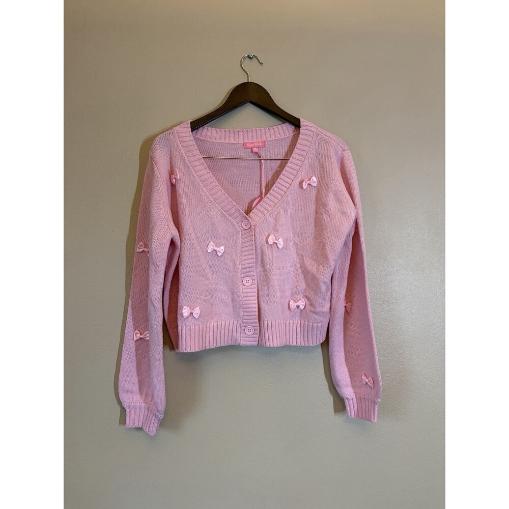 Dolls Kill Sugar Thrillz Demure Kiss Cardigan Sweater Pink Bows NWT XL Cropped
